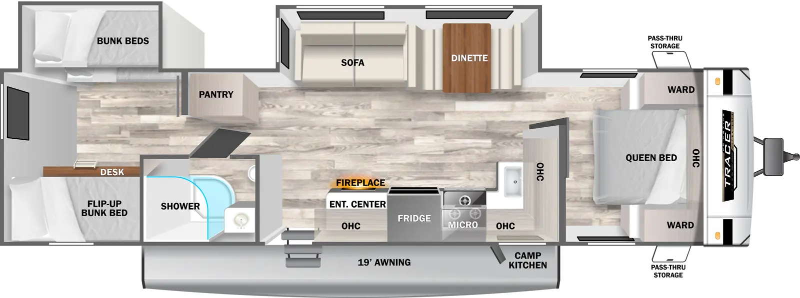 The 32DSB has 2 slideouts on the off-door side and 1 entry door. Exterior features include a 19 ft. awning, camp ktichen, and front pass-through storage. Interior layout from front to back includes: front bedroom with foot-facing Queen bed, opposing side wardrobes and overhead cabinet; off-door side slideout holding a sofa and dinette; door side kitchen with overhead cabinets, entertainment center with fireplace, refrigerator, overhead microwave, stovetop and sink; door side bathroom with shower, toilet and vanity; pantry across from bathroom; and rear bunkhouse with door side flip-up bunk with desk below and off-door side slide out holding bunk beds.